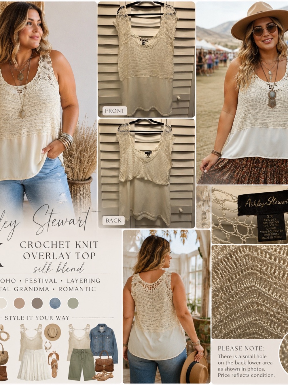 Ashley Stewart Cream Crochet Overlay Sleeveless Tank